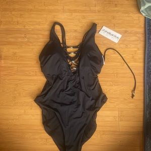Backless Lace Up Black One Piece